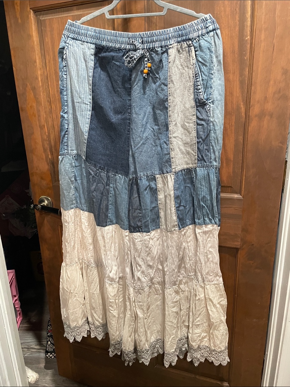 Boho Patchwork Wide-Leg Pants in Blue and Cream